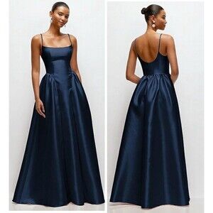 Dessy Collection Scoop Neck Drop Basque Satin Maxi Dress Midnight Navy Size 8